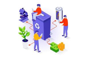 Eco lifestyle concept in 3d isometric design. People collecting and separating garbage, recycle waste, use alternative sources of electricity. Vector illustration with isometry scene for web graphic