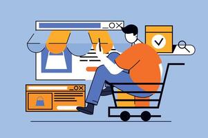 Mobile commerce concept with people scene in flat design for web. Man choosing goods at store, ordering and paying online in app. Vector illustration for social media banner, marketing material.