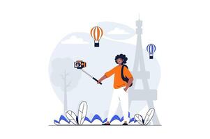 Travelling web concept with character scene. Man traveler with camera taking selfie in Paris near landmark. People situation in flat design. Vector illustration for social media marketing material.