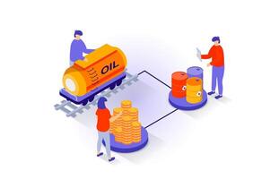 Oil industry concept in 3d isometric design. People selling petroleum products in barrels and tank railroad wagon to export and earning money. Vector illustration with isometry scene for web graphic