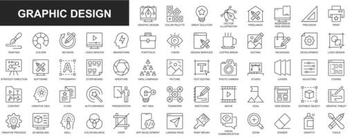 Graphic design web icons set in thin line design. Pack of color palette, solution, freelance, print, painting, video service, brainstorming, portfolio, editing, other. Vector outline stroke pictograms