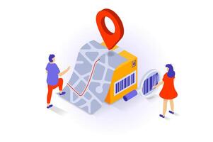 Transportation and logistics concept in 3d isometric design. People searching parcel with barcode and tracking package moving by online map. Vector illustration with isometry scene for web graphic