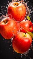 AI generated Three ripe apples are falling into a body of water, creating ripples and splashes as they descend photo