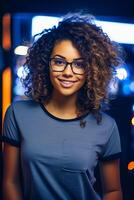AI generated A woman with glasses is wearing a white shirt. She is looking directly at the camera with a confident expression photo