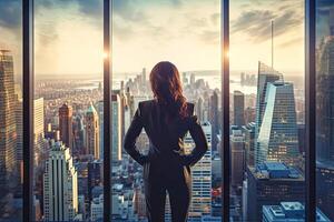 AI generated Woman Standing in Front of Window, Looking Out at City photo