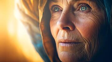 ai generado un de cerca de un mujer en pie por un ventana, mirando afuera. ella aparece contemplativo, con un enfocado expresión como ella mira dentro el distancia. foto