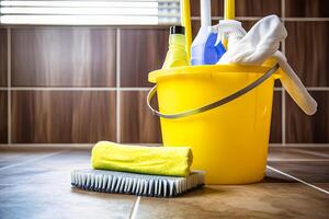 AI generated Bucket Full of Cleaning Supplies on Wooden Table photo