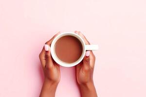 AI generated female hand holding a cup of coffee photo