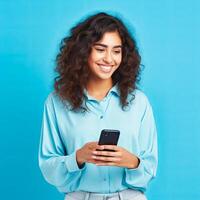 ai generado un sonriente joven mujer sostiene un teléfono en su manos en un azul antecedentes foto