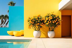 AI generated colorful house with a shining pool in the yard. There are flower pots neatly arranged near the pool photo