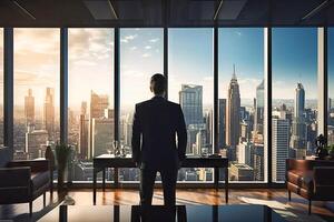 AI generated Man Standing in Front of Window, Looking Out at City photo