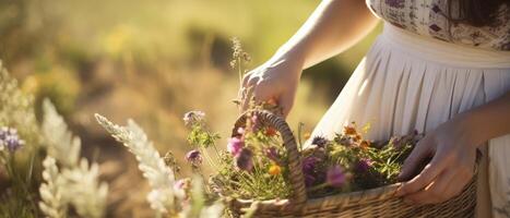 AI generated Woman Holding Basket Full of Flowers for a Spring Garden Display photo