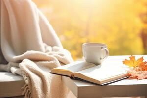 AI generated Coffee and Book on Table, A Simple Composition for Relaxation and Tranquility photo