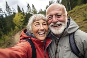 AI generated Older Couple Takes Selfie While Hiking in Nature photo