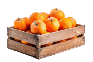 AI generated Fresh Mandarins in Rustic Wooden Box, isolated on a transparent background png