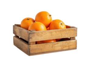 ai généré Frais mandarines dans rustique en bois boîte, isolé sur une transparent Contexte png