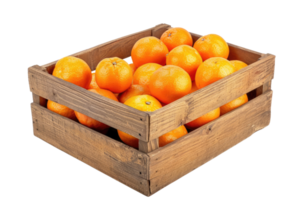 ai généré Frais mandarines dans rustique en bois boîte, isolé sur une transparent Contexte png