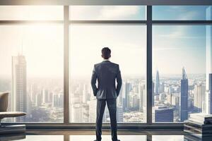 AI generated Man Standing in Front of Window, Looking Out at City photo