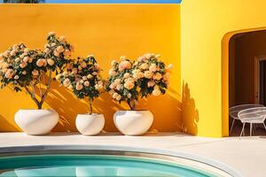 AI generated colorful house with a shining pool in the yard. There are flower pots neatly arranged near the pool photo