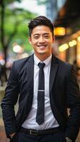 AI generated A well-dressed man wearing a suit and tie is standing on a busy city sidewalk. He appears confident and focused as he waits for something or someone amidst the urban surroundings. photo