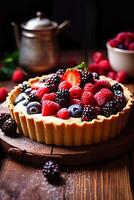 AI generated Delicious Tart With Berries on Wooden Table photo