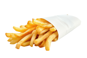 ai generado francés papas fritas en un blanco papel envoltura transparente antecedentes png