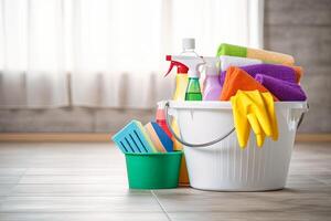 AI generated Bucket Full of Cleaning Supplies on Wooden Table photo