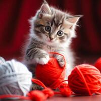 AI generated Kitten Playing With Ball of Yarn. photo