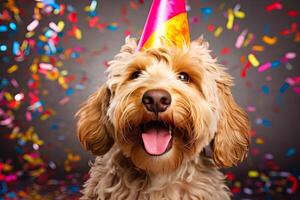 ai generado perro vistiendo fiesta sombrero con globos en antecedentes foto