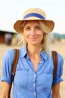 ai generado mujer en azul camisa y sombrero en playa foto