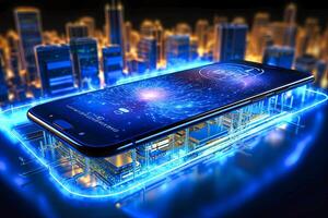 AI Generated Cell Phone With Glowing City Display photo