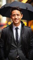 AI generated A well-dressed man wearing a suit and tie is standing on a busy city sidewalk. He appears confident and focused as he waits for something or someone amidst the urban surroundings. photo