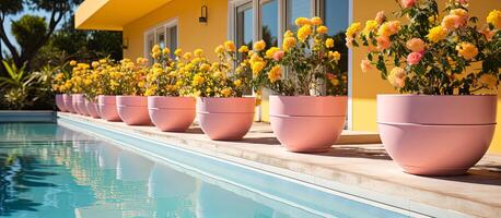 AI generated colorful house with a shining pool in the yard. There are flower pots neatly arranged near the pool photo