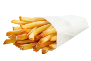 ai generado francés papas fritas en un blanco papel envoltura transparente antecedentes png