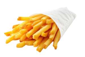 ai généré français frites dans une blanc papier emballage transparent Contexte png