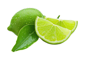 AI generated Fresh green lime slices and leaves on transparent background png