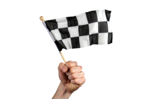 AI generated hand holding a checkered flag isolated on transparent background png