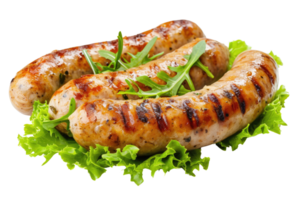 ai generiert gegrillt Hähnchen Würstchen mit Grüner Salat isoliert auf transparent Hintergrund png