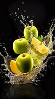 AI generated Three ripe apples are falling into a body of water, creating ripples and splashes as they descend photo