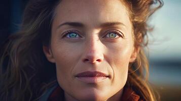 AI generated A close-up of a woman standing by a window, gazing outside. She appears contemplative, with a focused expression as she looks into the distance. photo