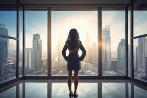 AI generated Woman Standing in Front of Window, Looking Out at City photo