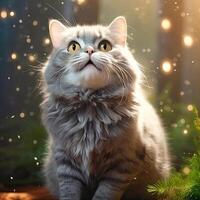 AI generated Grey Cat Sitting in Forest photo