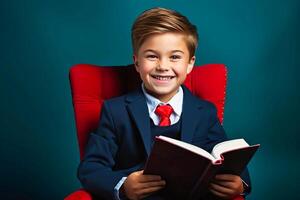 ai generado joven chico sentado en rojo silla leyendo libro. foto