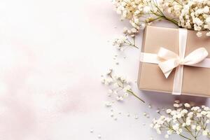 AI generated Gift Box With Bow and Bouquet of Flowers photo