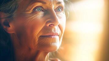 AI generated A close-up of a woman standing by a window, gazing outside. She appears contemplative, with a focused expression as she looks into the distance. photo