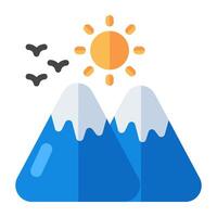 A unique design icon of mountains with sun showcasing hills weather vector