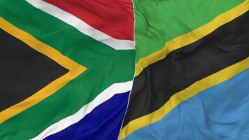 sul África e Tanzânia bandeiras juntos desatado looping fundo, em loop colisão textura pano acenando lento movimento, 3d Renderização video