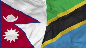 Nepal y Tanzania banderas juntos sin costura bucle fondo, serpenteado bache textura paño ondulación lento movimiento, 3d representación video
