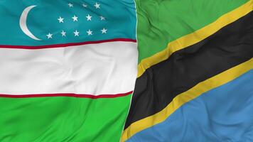 Uzbekistán y Tanzania banderas juntos sin costura bucle fondo, serpenteado bache textura paño ondulación lento movimiento, 3d representación video