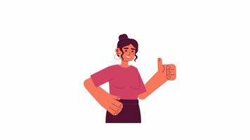 Happy woman showing thumb up 2D character animation. Positive attitude gesture flat cartoon 4K video, transparent alpha channel. Demonstrating approvement animated person on white background video